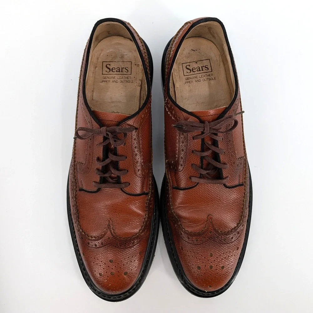 Sears‎ Mens Brown Pebble Grain Leather Wingtip Oxford Dress Shoes Distressed